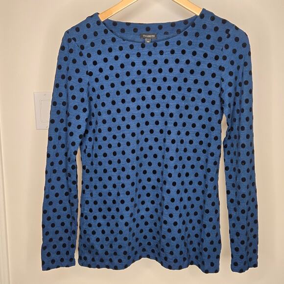 Talbots Teal Blue with Black Flocked Polka Dots Long Sleeve Top Size XS - Picture 1 of 5